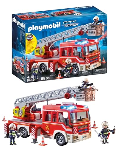 Playmobil 9463 Camion de Pompiers avec échelle pivotante - City Action - avec Trois Personnages, Un véhicule avec échelle télescopique, Module Lumineux et sonore - Intervention de Secours - Dès 4 Ans